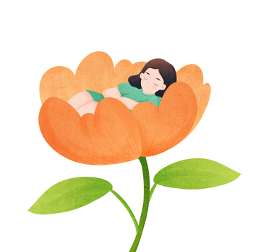 女孩惬意安睡于花朵中呵护成长插画