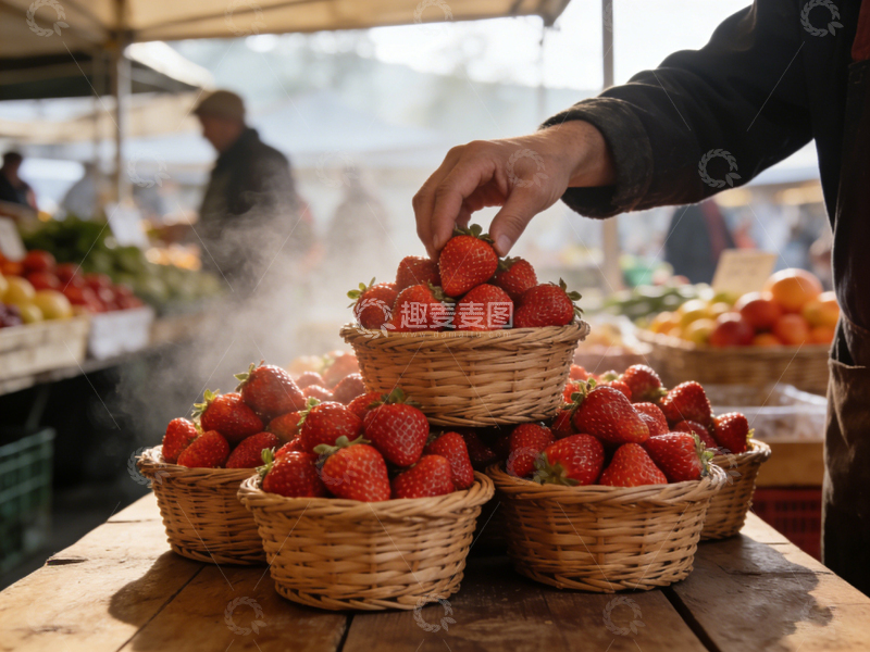 高清大图下载【趣麦麦图】市集草莓篮子挑选