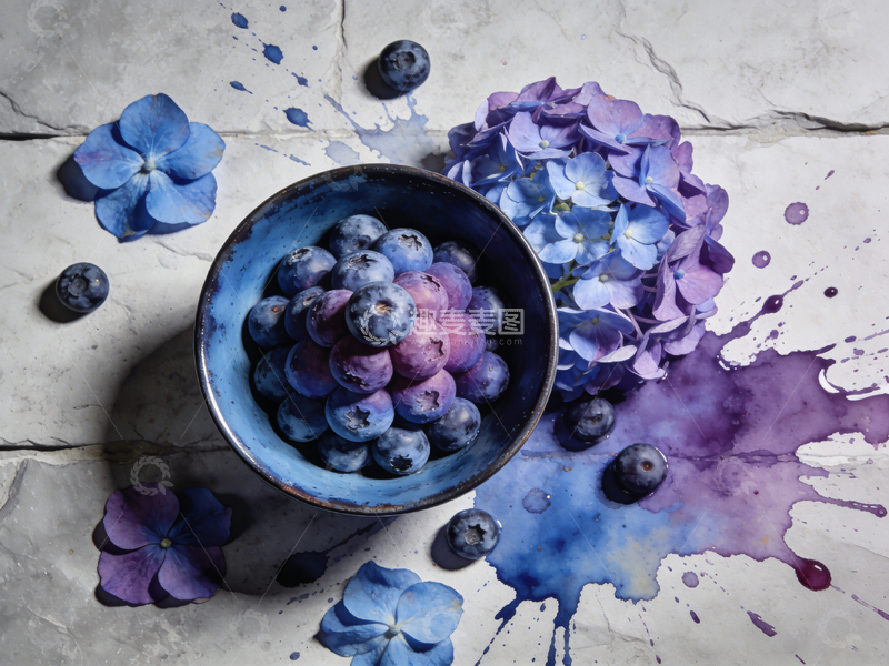 高清大图下载【趣麦麦图】水彩蓝莓绣球静物摄影