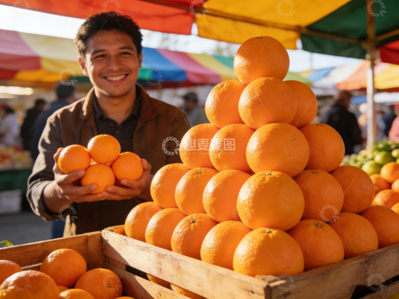 高清大图下载【趣麦麦图】市集橙子摊微笑男