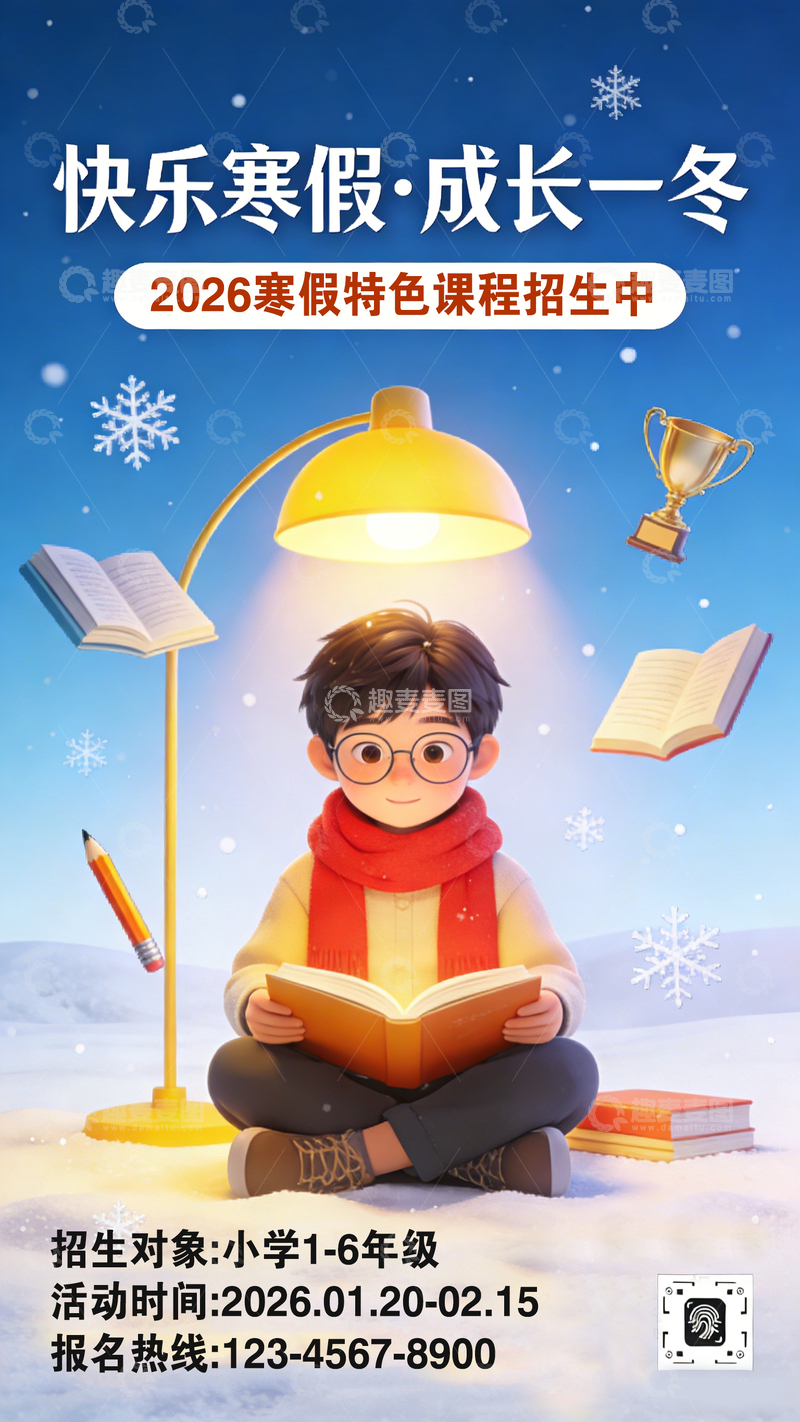 源文件下载【趣麦麦图】寒假招生海报儿童阅读场景