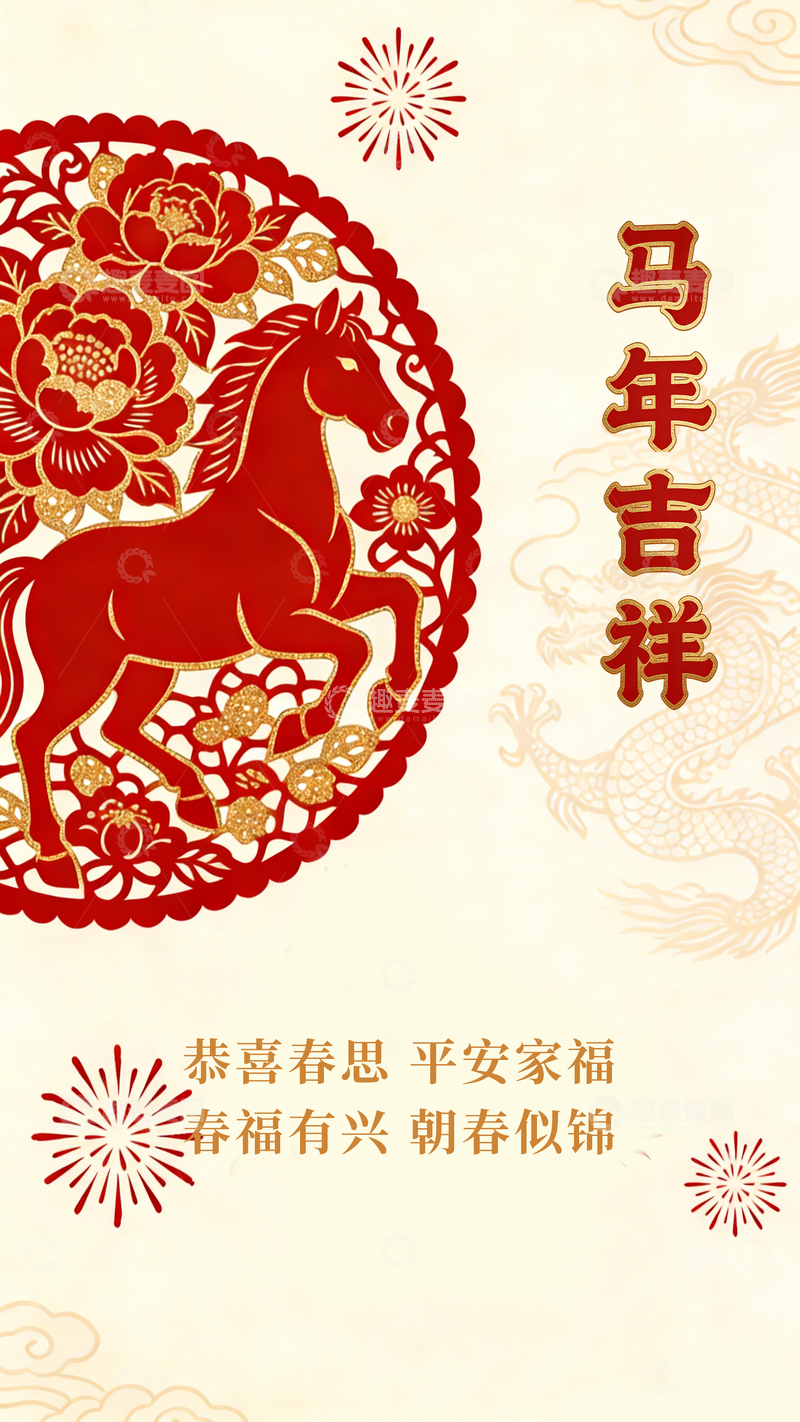 源文件下载【趣麦麦图】马年吉祥祝福剪纸风格海报