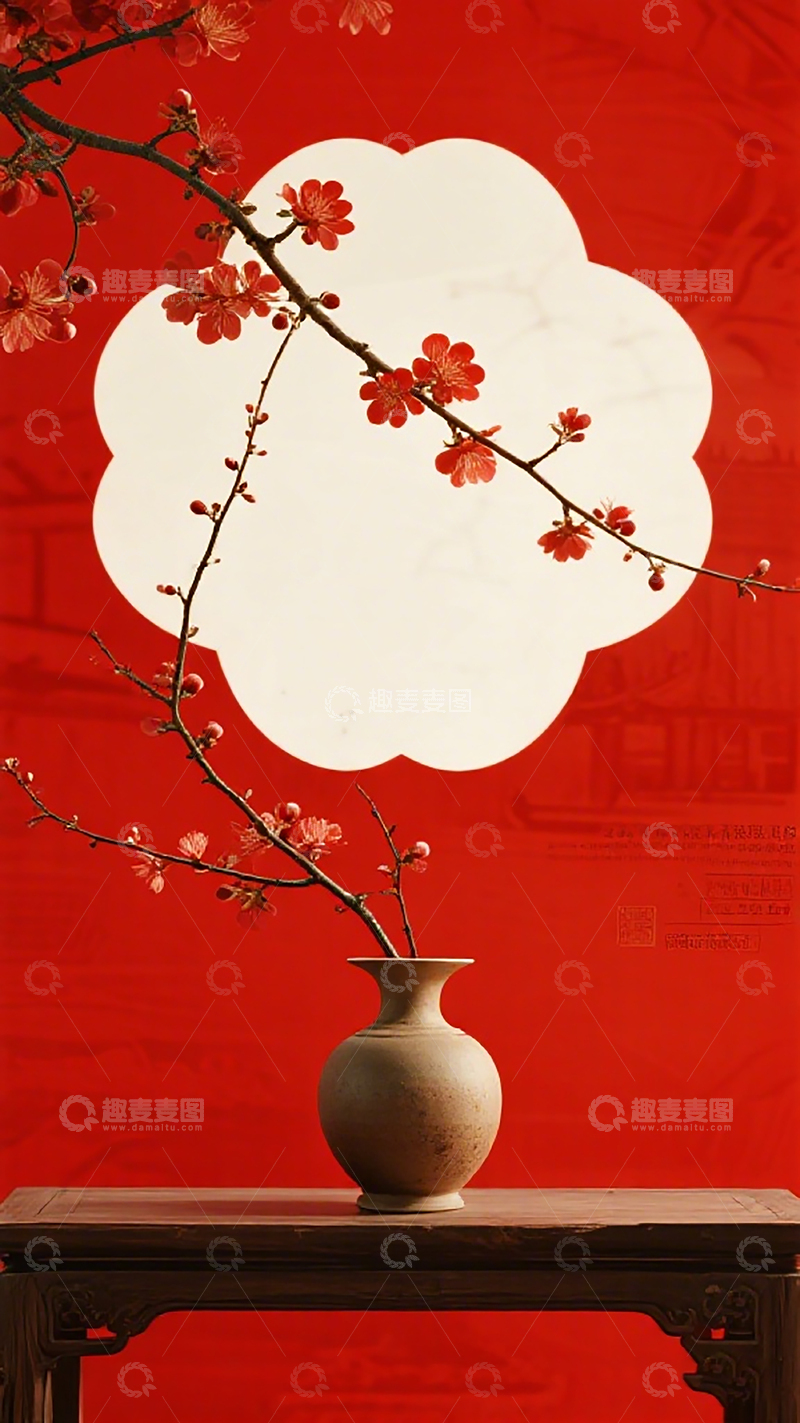 高清大图下载【趣麦麦图】中式红花花瓶梅花装饰图
