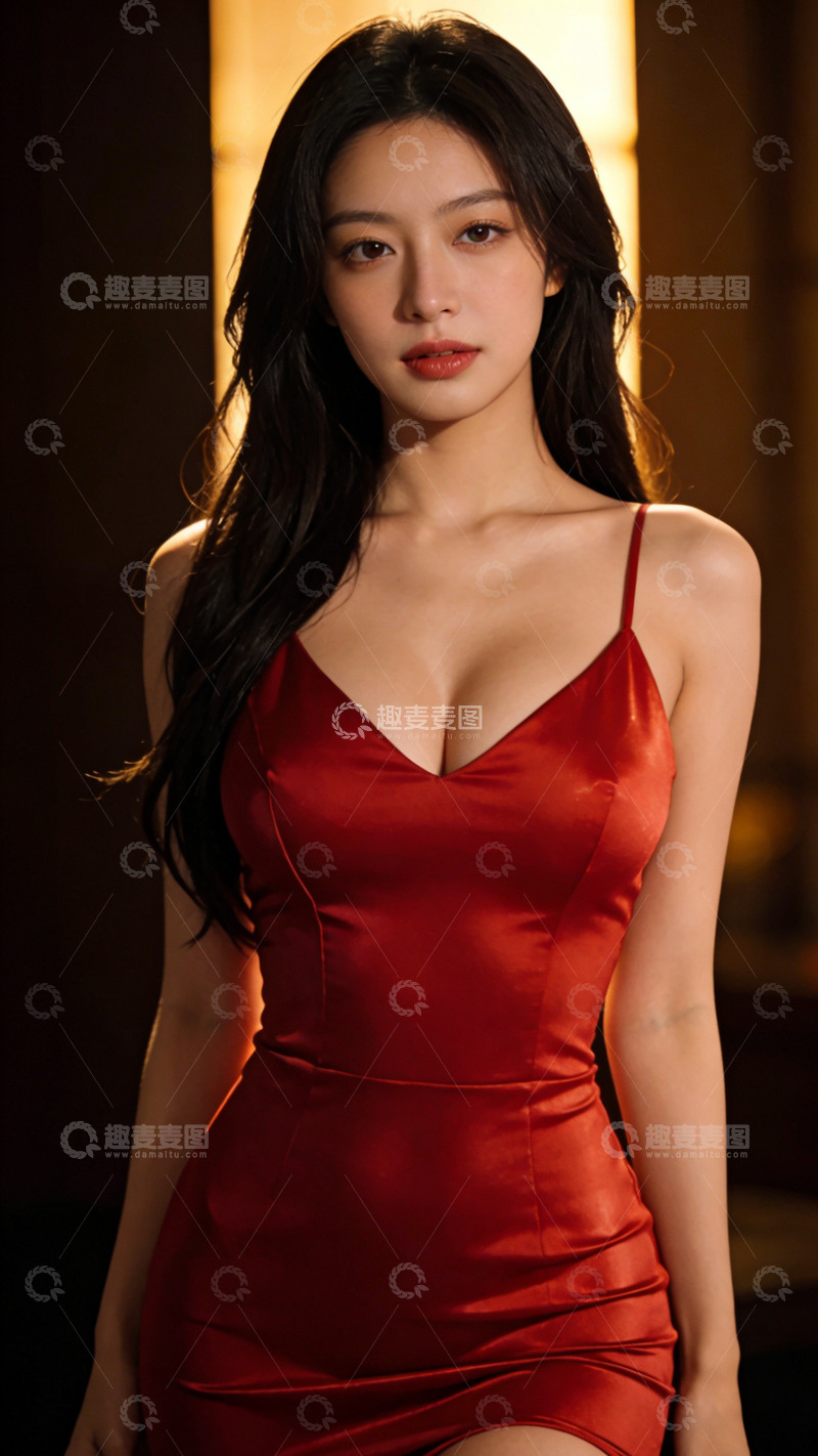 高清大图下载【趣麦麦图】红色吊带裙美女写真