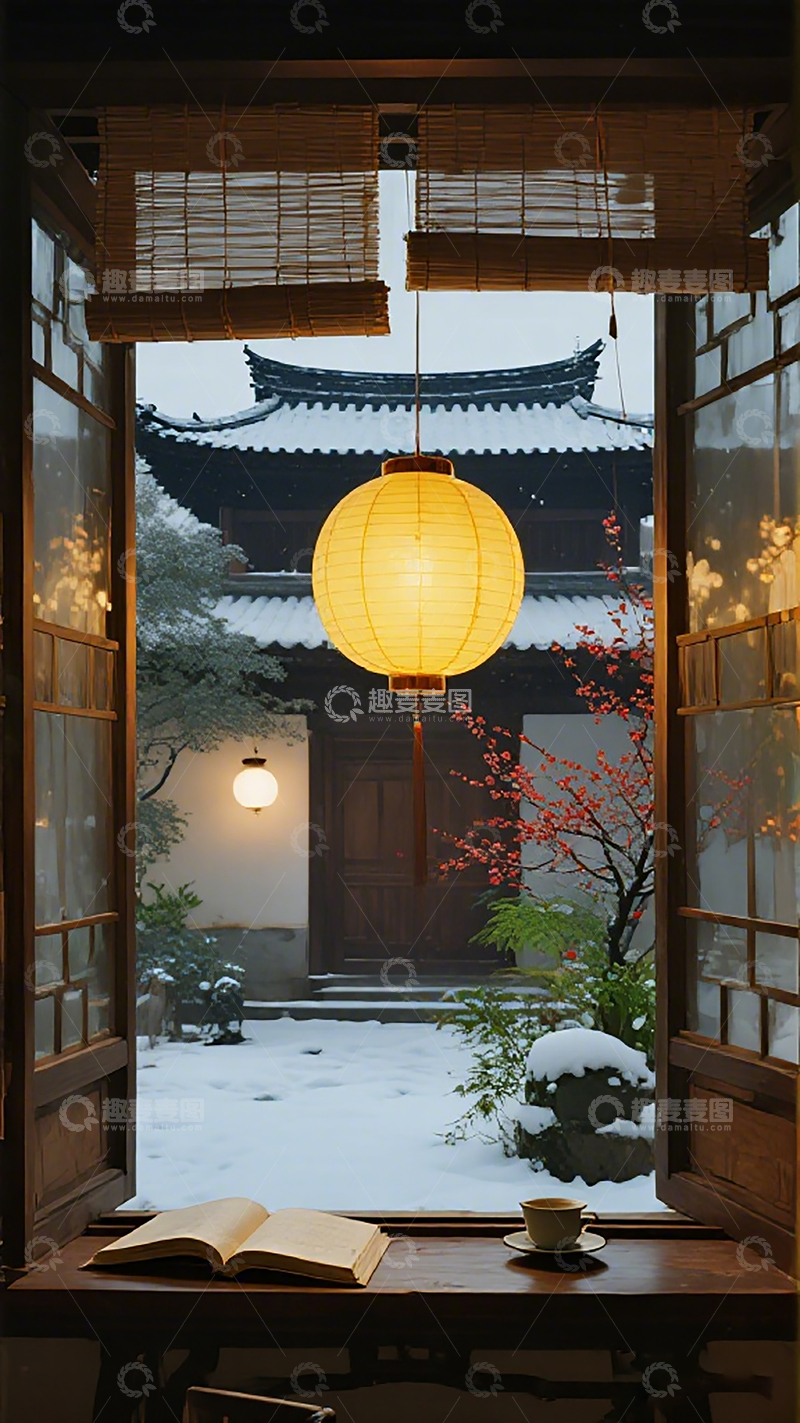 高清大图下载【趣麦麦图】冬日庭院雪景灯笼读书图