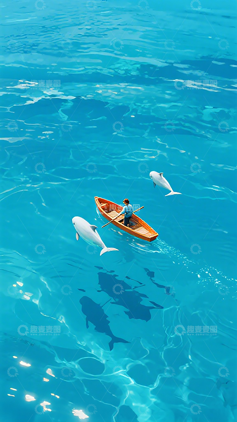 高清大图下载【趣麦麦图】海蓝舟影海豚伴