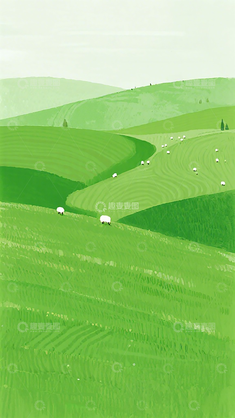 高清大图下载【趣麦麦图】田园风光插画绿地羊群