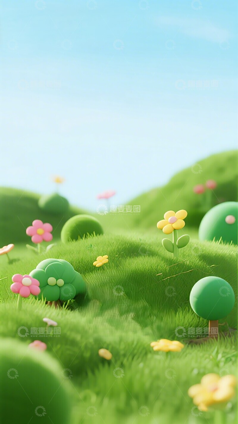 高清大图下载【趣麦麦图】卡通草地花朵风景插画