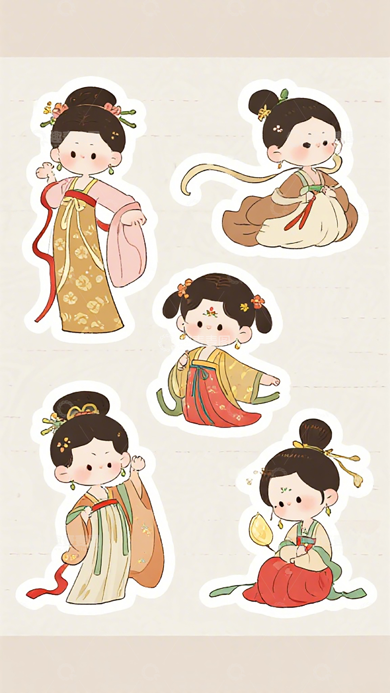 高清大图下载【趣麦麦图】古风娃娃贴纸插画