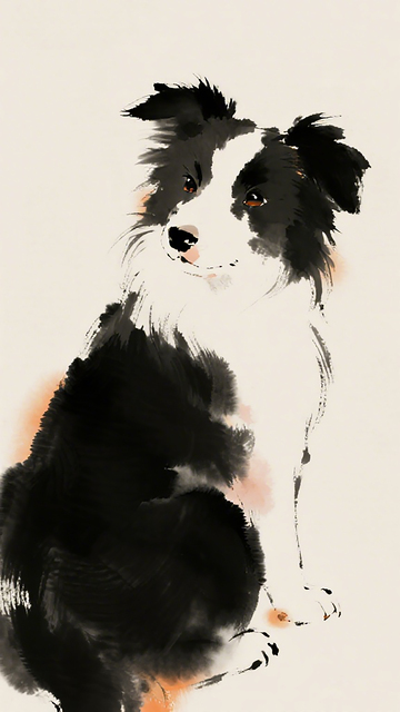 水墨风边境牧羊犬国画艺术画作