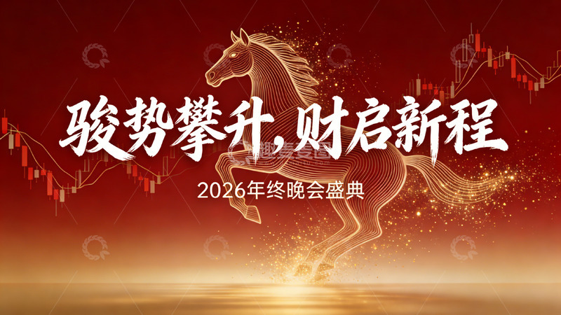 高清大图下载【趣麦麦图】红金K线纹理线条奔马金融峰会展板