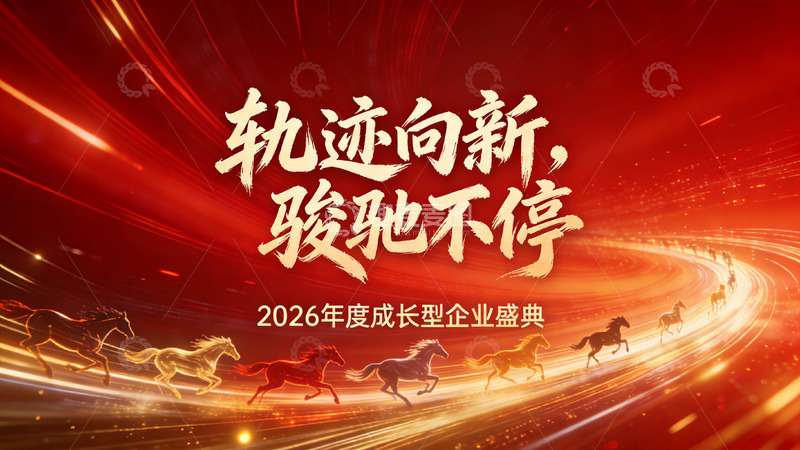 高清大图下载【趣麦麦图】红金光效背景 多金色奔马 成长型企业盛典