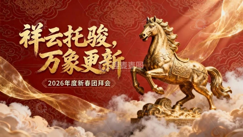 高清大图下载【趣麦麦图】-红金祥云纹样 金色奔马 新春年会背景