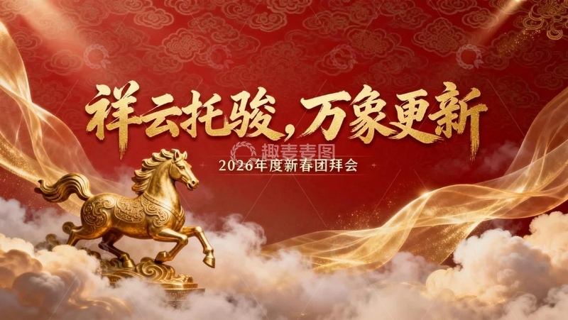 高清大图下载【趣麦麦图】-红金祥云纹样 金色奔马新春年会展板