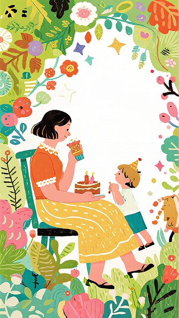 温馨母女生日插画设计素材