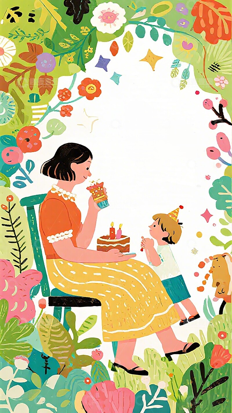 高清大图下载【趣麦麦图】温馨母女生日插画设计素材