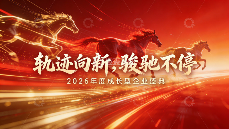 高清大图下载【趣麦麦图】红金光效背景多金色奔马成长型企业盛典