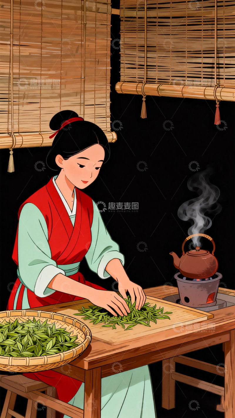 高清大图下载【趣麦麦图】古风制茶女子插画