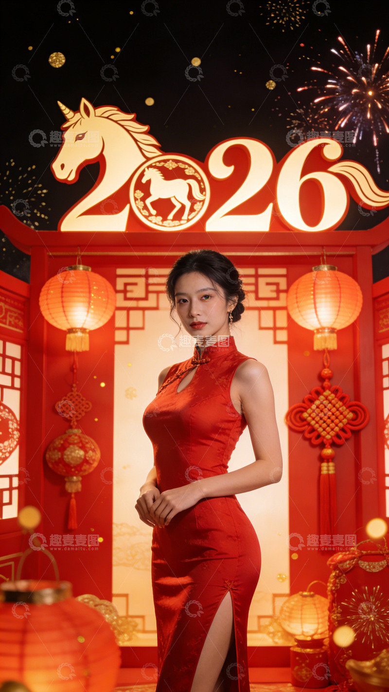 高清大图下载【趣麦麦图】新春喜庆旗袍美人烟火场景