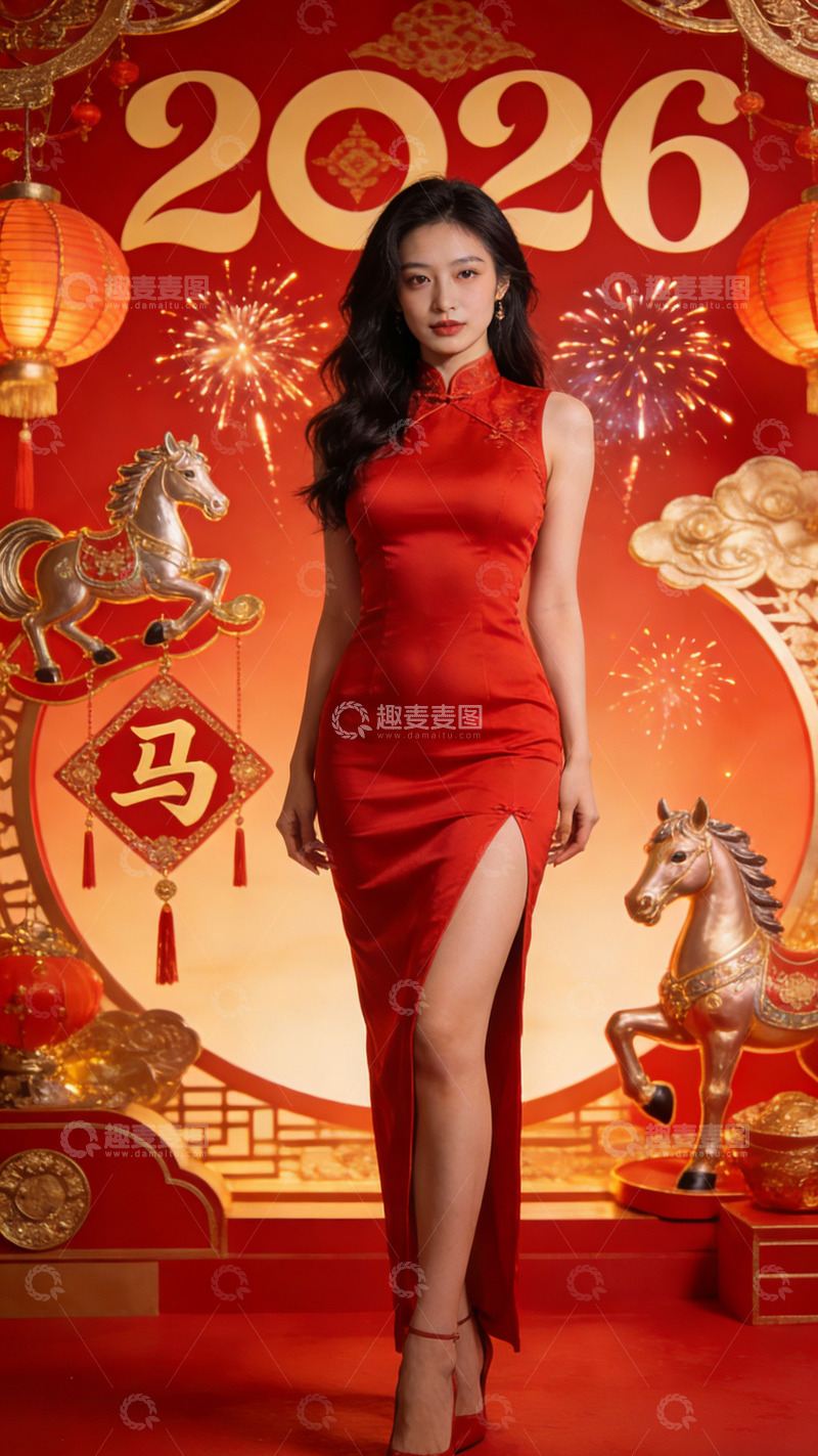 高清大图下载【趣麦麦图】春节喜庆旗袍美女海报设计素材