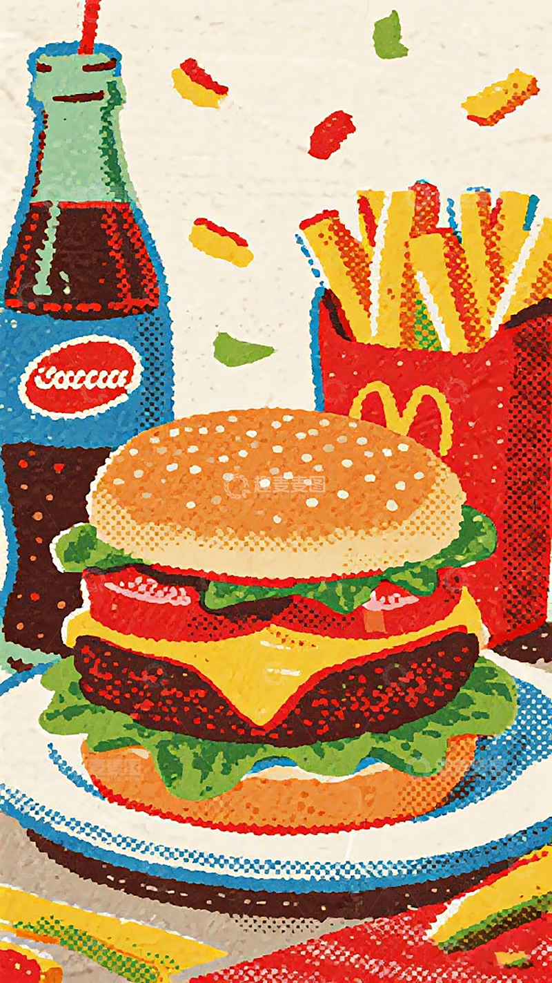 高清大图下载【趣麦麦图】波点风快餐美食插画设计素材