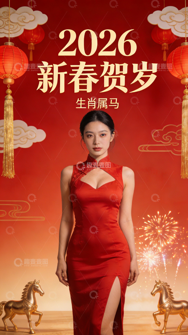 高清大图下载【趣麦麦图】新春贺岁旗袍美女喜庆海报