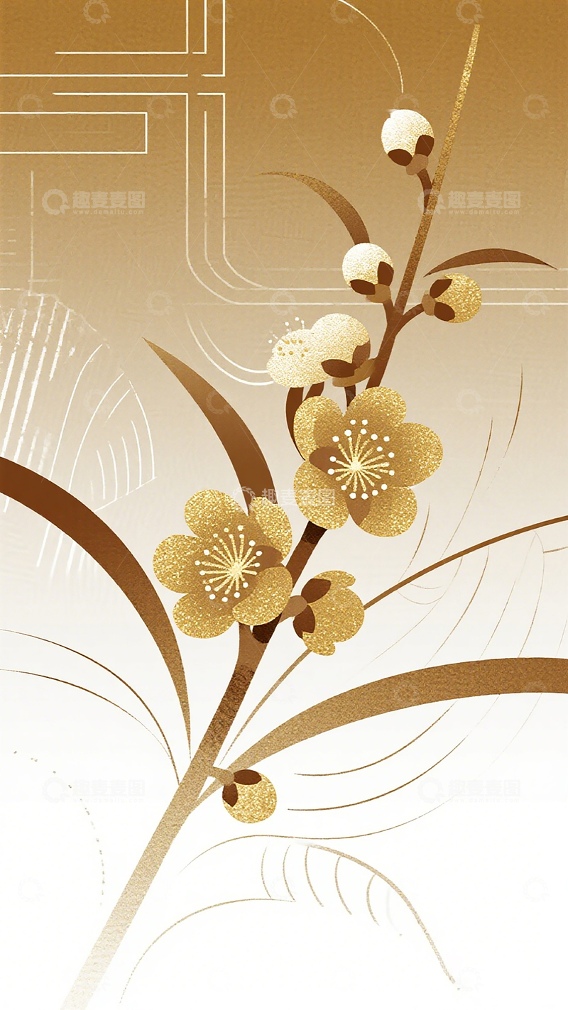 高清大图下载【趣麦麦图】金色梅花艺术插画