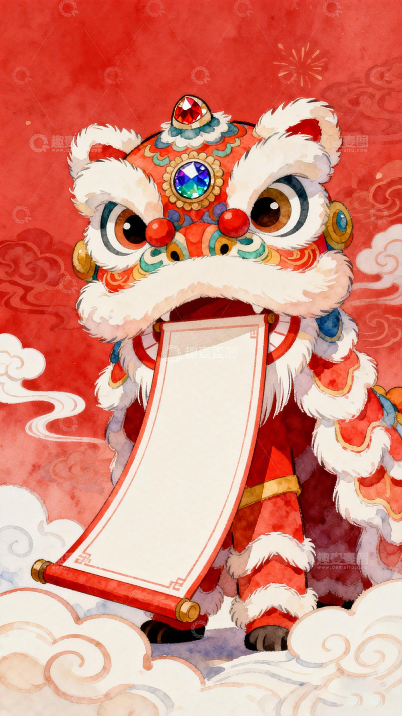 高清大图下载【趣麦麦图】卡通舞狮喜庆贺岁插画
