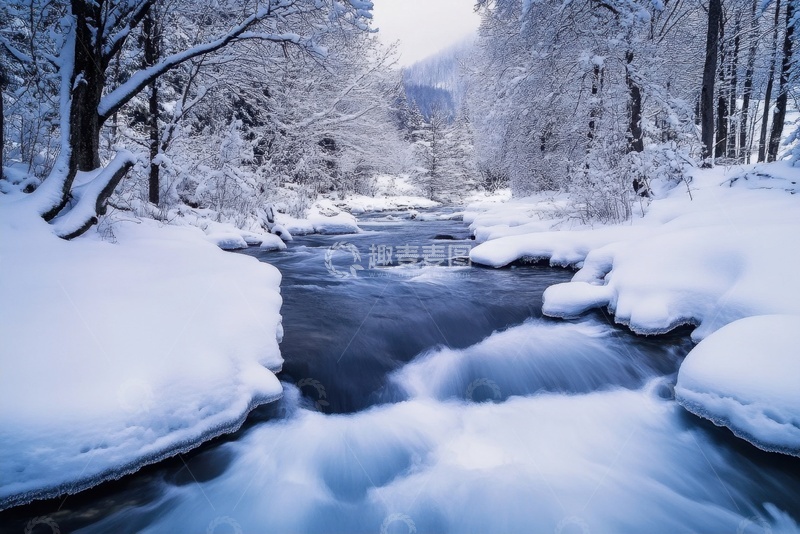高清大图下载【趣麦麦图】冬季森林河流白雪美景