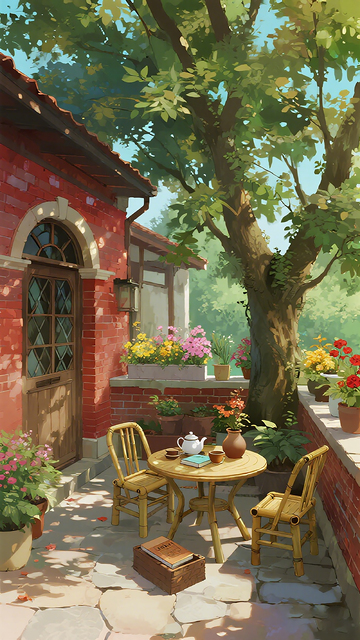 红砖小屋庭院休闲插画
