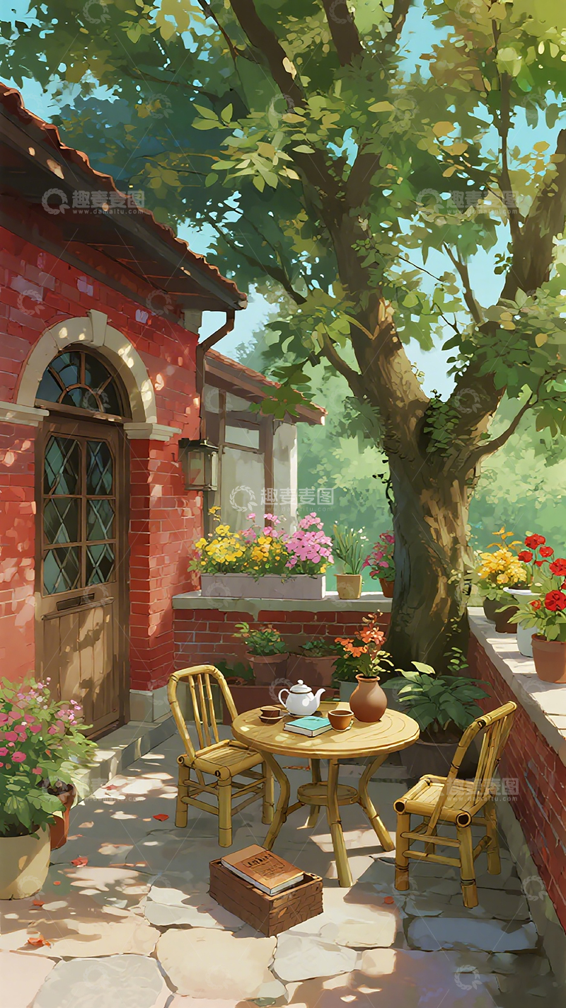 高清大图下载【趣麦麦图】红砖小屋庭院休闲插画