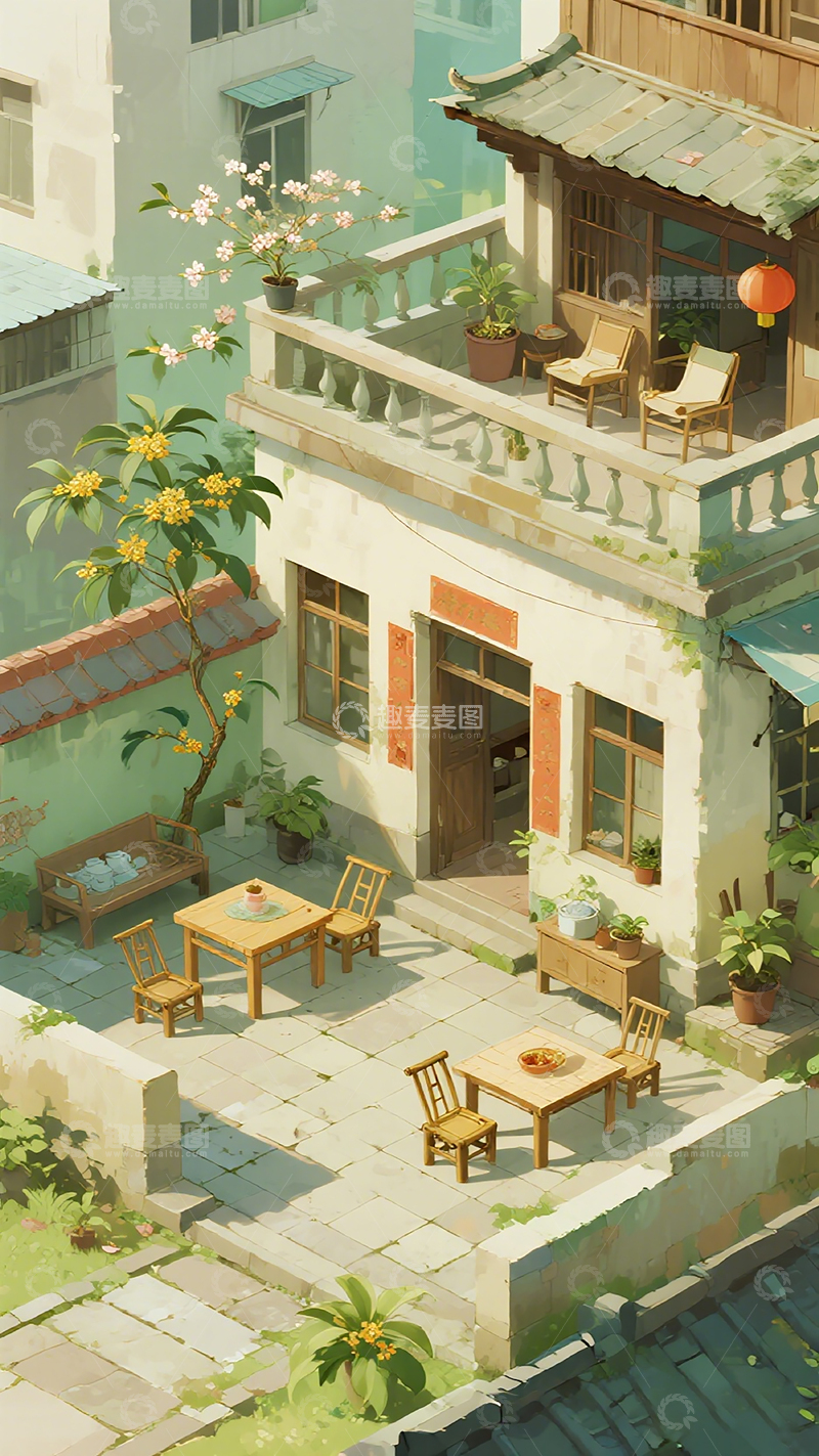 高清大图下载【趣麦麦图】田园风温馨庭院插画设计素材