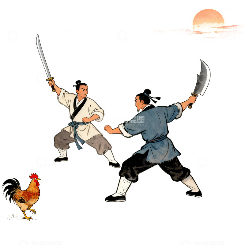 高清大图下载【趣麦麦图】双雄持刀对决闻鸡起舞插画