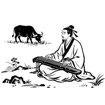 古风弹琴牧牛水墨画