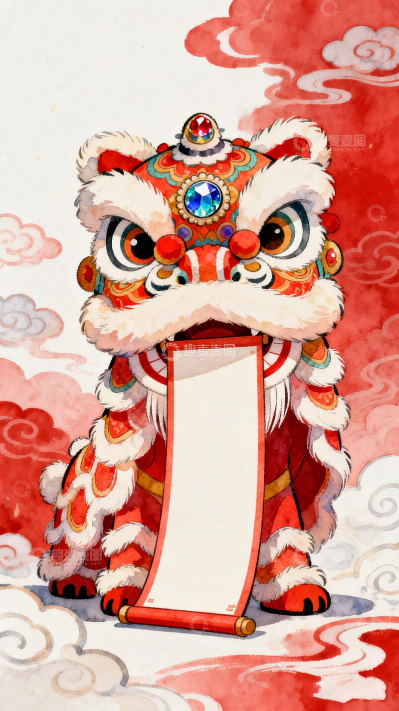 高清大图下载【趣麦麦图】水彩舞狮喜庆装饰插画素材