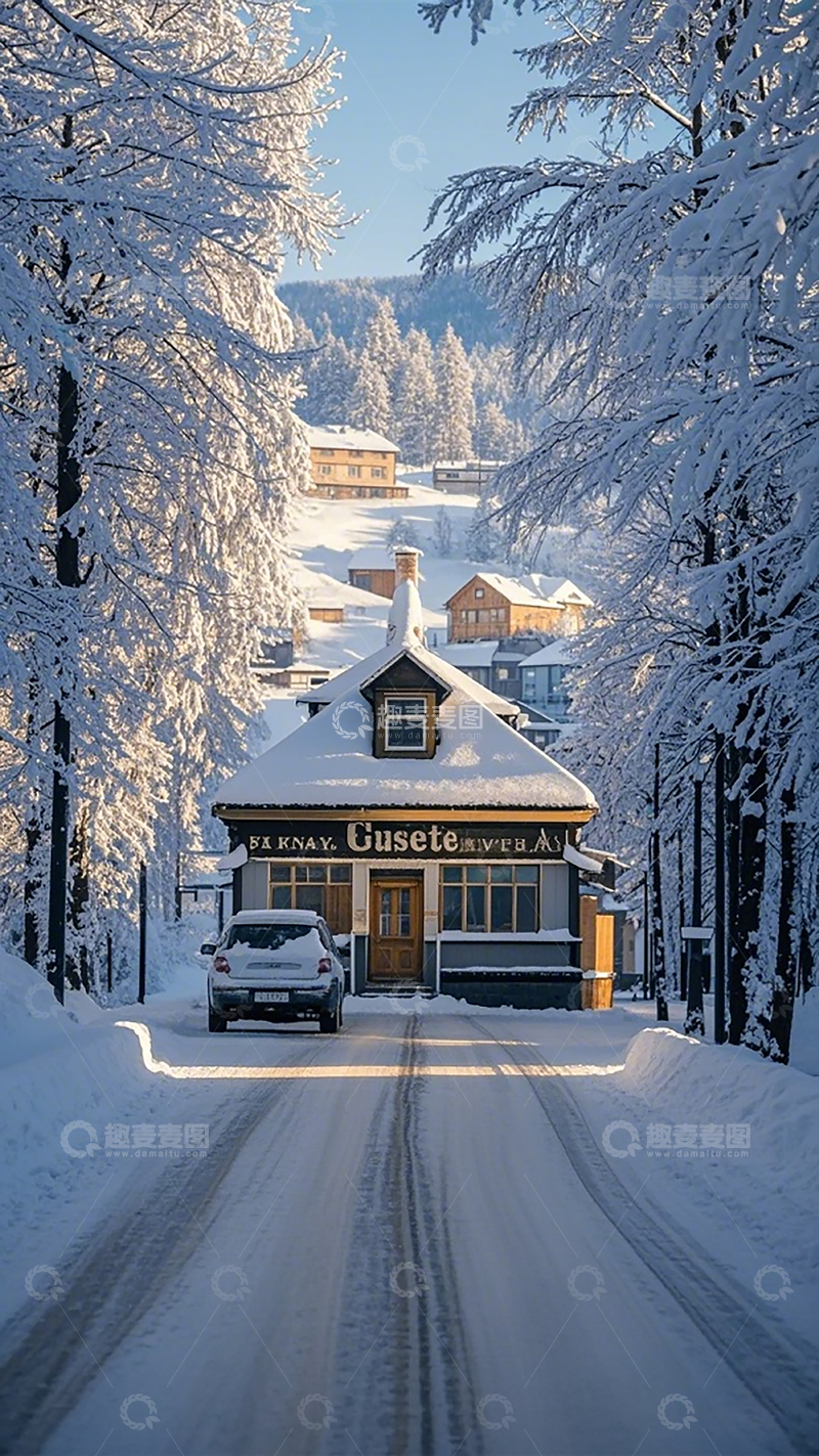 高清大图下载【趣麦麦图】雪村小屋冬日风光