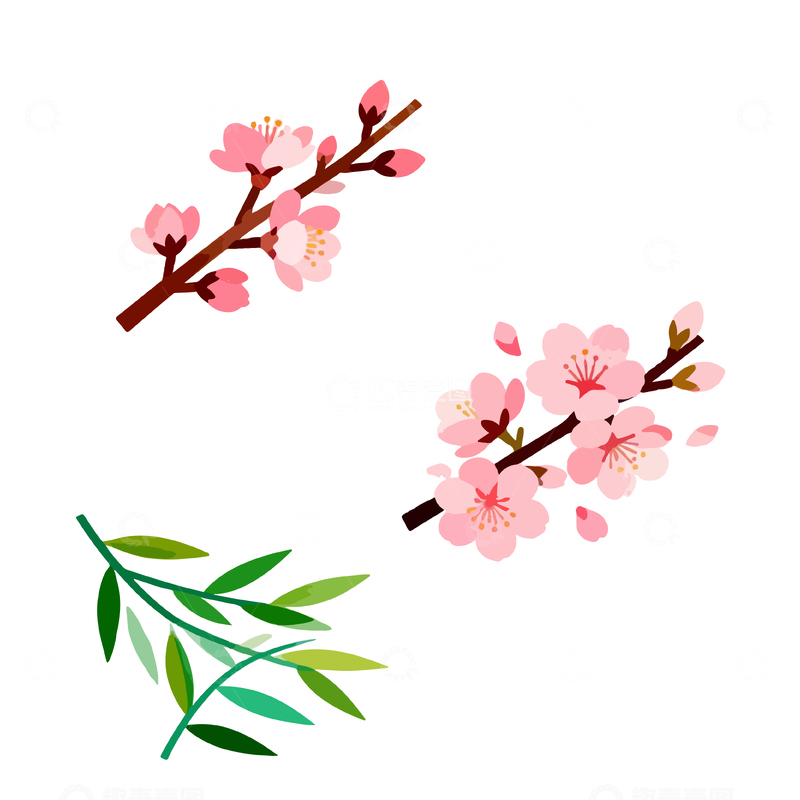 源文件下载【趣麦麦图】和风樱花枝叶矢量插画素材