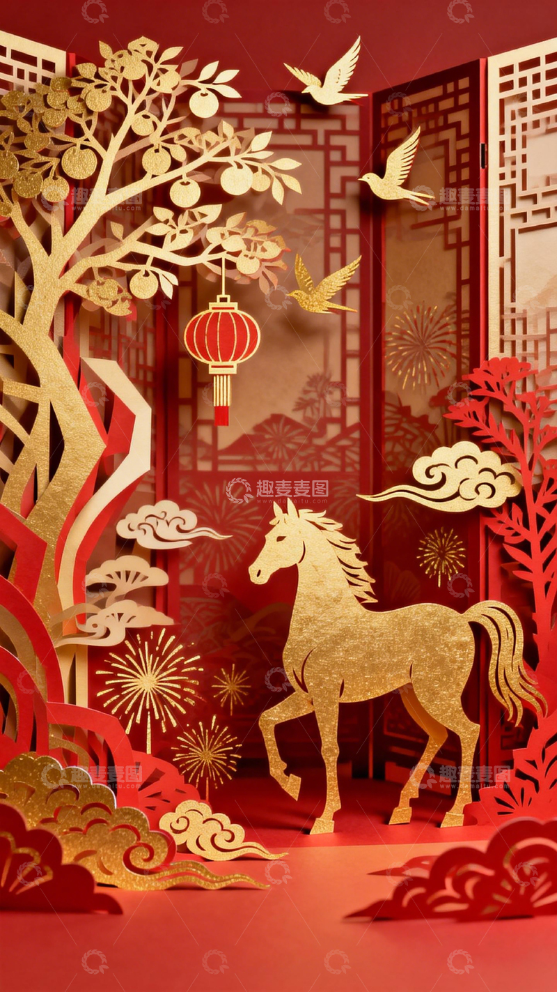 高清大图下载【趣麦麦图】纸艺中国新年骏马灯笼风景