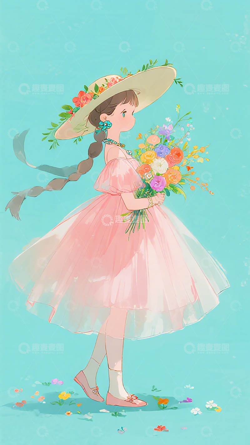 高清大图下载【趣麦麦图】粉色纱裙少女插画