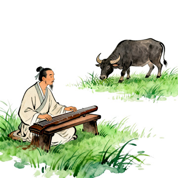 古风水墨弹琴牧牛图