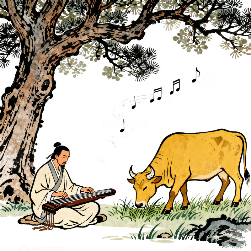 高清大图下载【趣麦麦图】古风水墨牛弹琴图