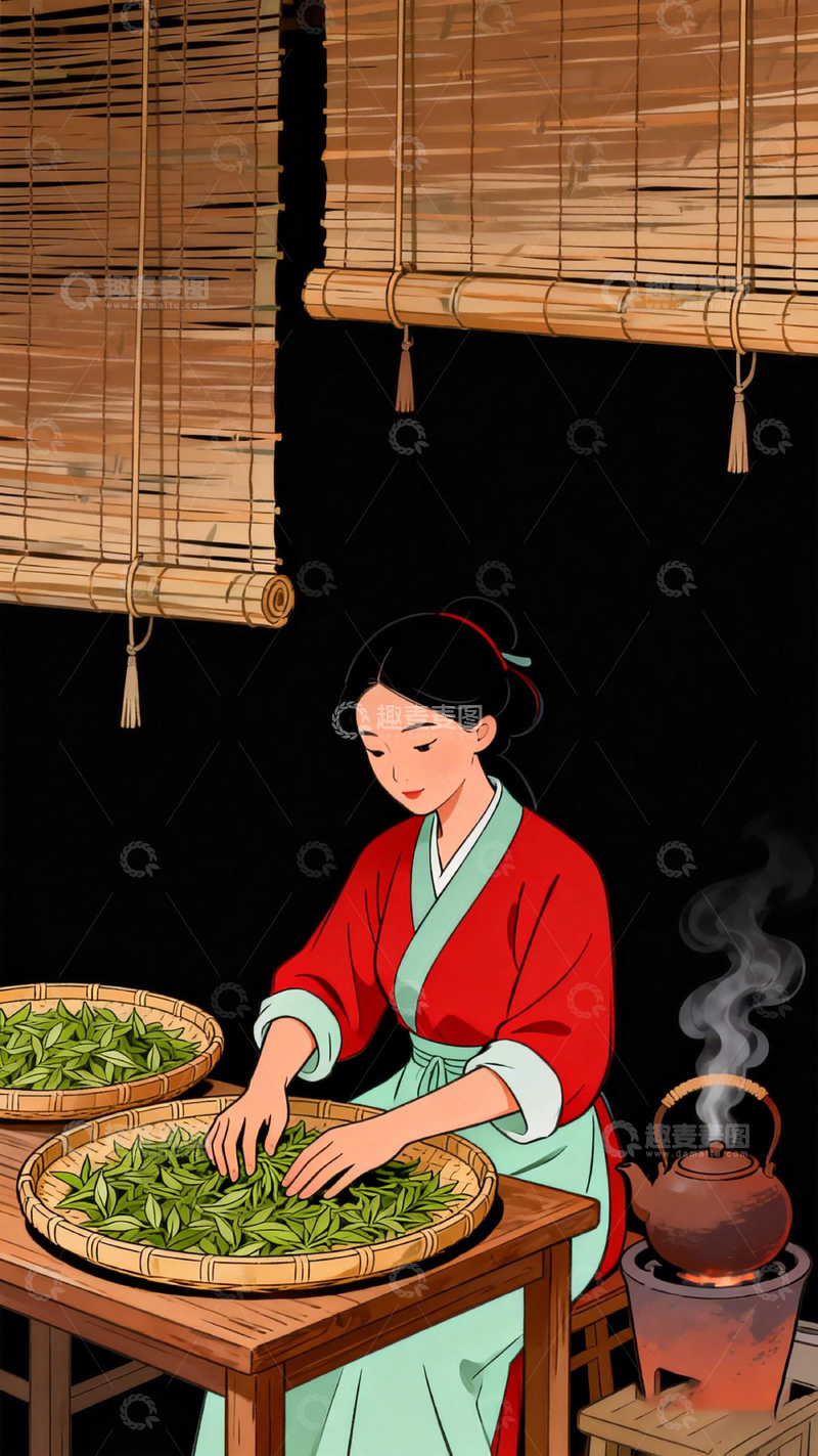 高清大图下载【趣麦麦图】古风制茶女子插画素材