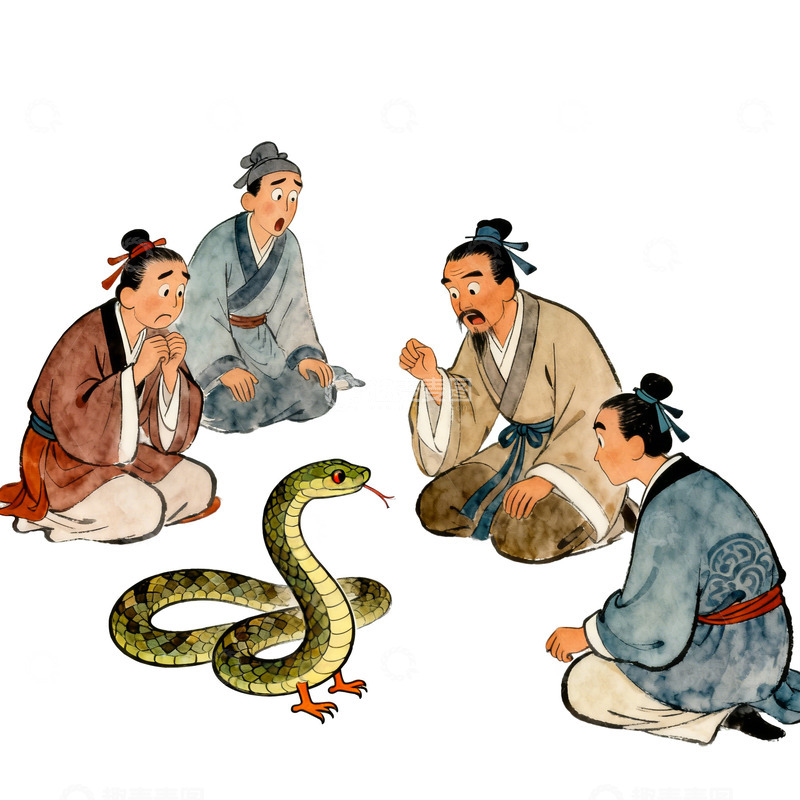 高清大图下载【趣麦麦图】水彩风古人人物画蛇添足场景插画素材