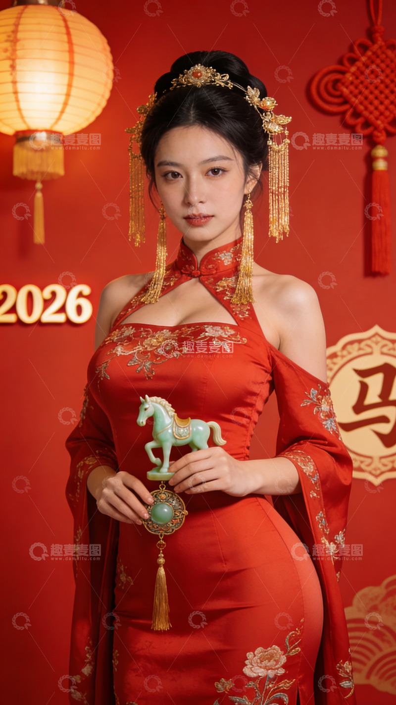 高清大图下载【趣麦麦图】新春旗袍美女骏马摆件摄影