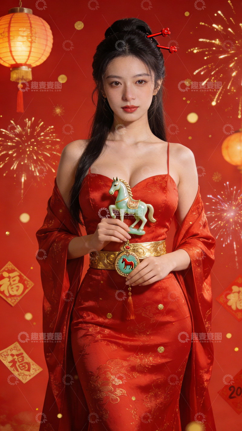 高清大图下载【趣麦麦图】春节喜庆红裙美女手持木马装饰
