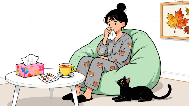 源文件下载【趣麦麦图】-卡通风居家感冒护理插画