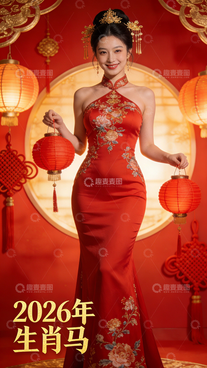 高清大图下载【趣麦麦图】新春喜庆旗袍美人海报