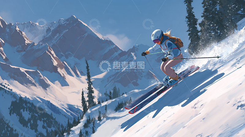 高清大图下载【趣麦麦图】冰雪山巅滑雪少女