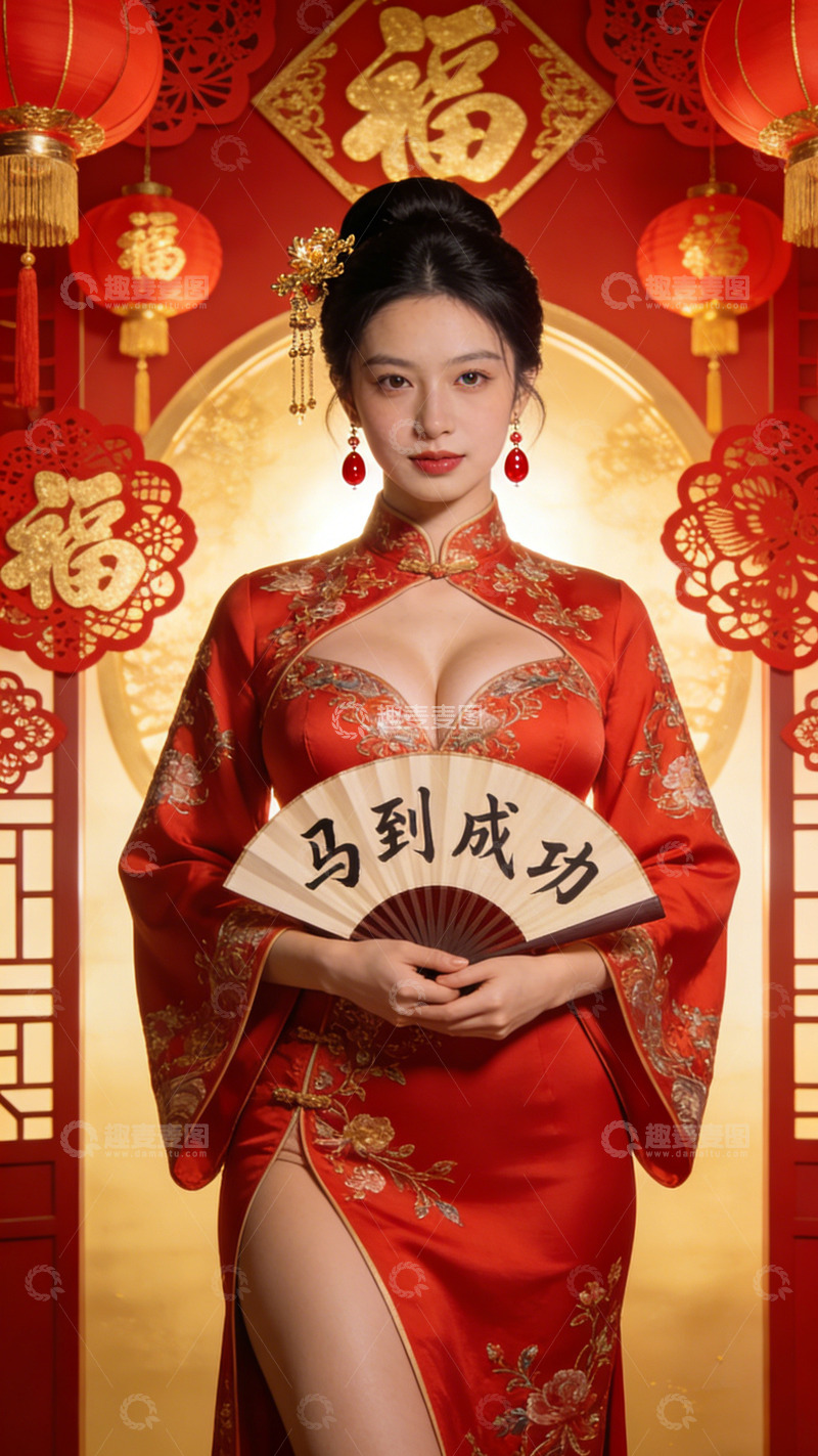 高清大图下载【趣麦麦图】春节喜庆旗袍美女写真