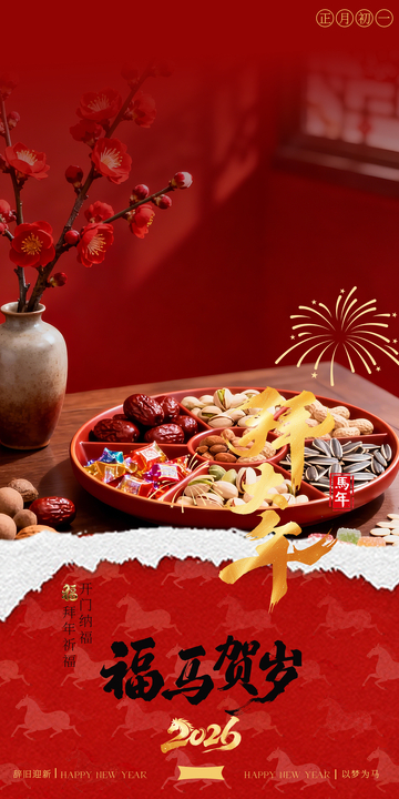 红色初一年俗喜庆新年坚果盘设计